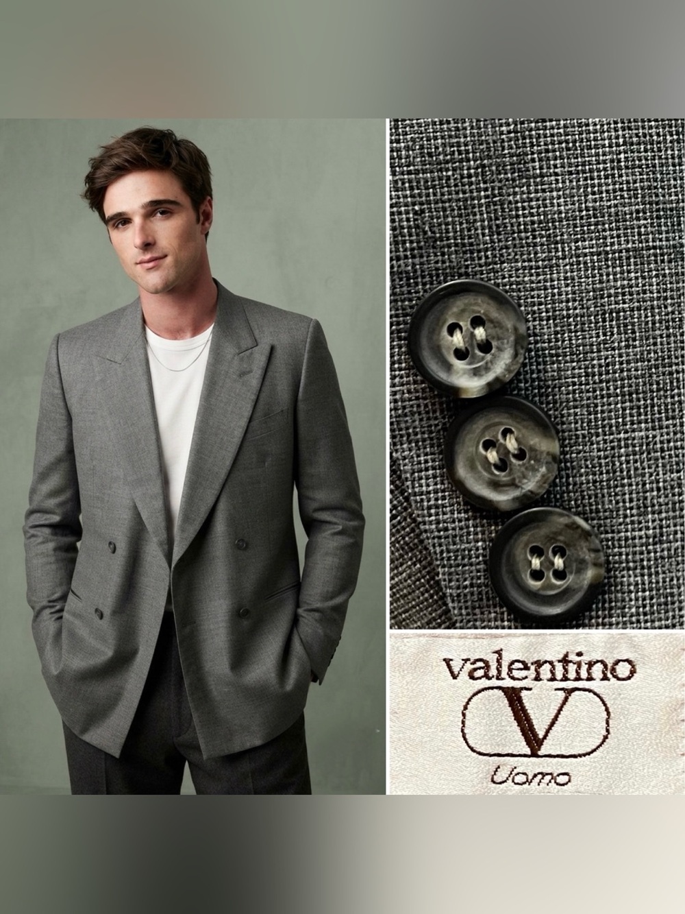 Valentino Vintage Men's 42R Gray Double Breasted Blazer Jacket 80s 90s